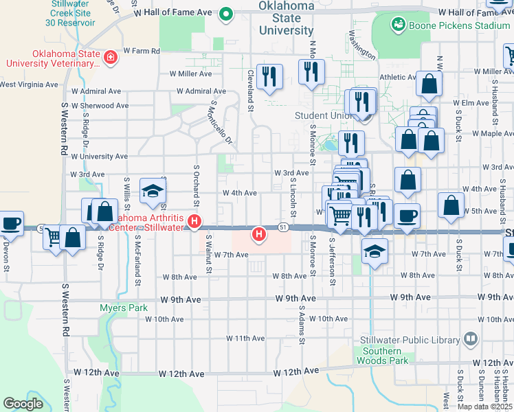 map of restaurants, bars, coffee shops, grocery stores, and more near 414 South Stanley Street in Stillwater