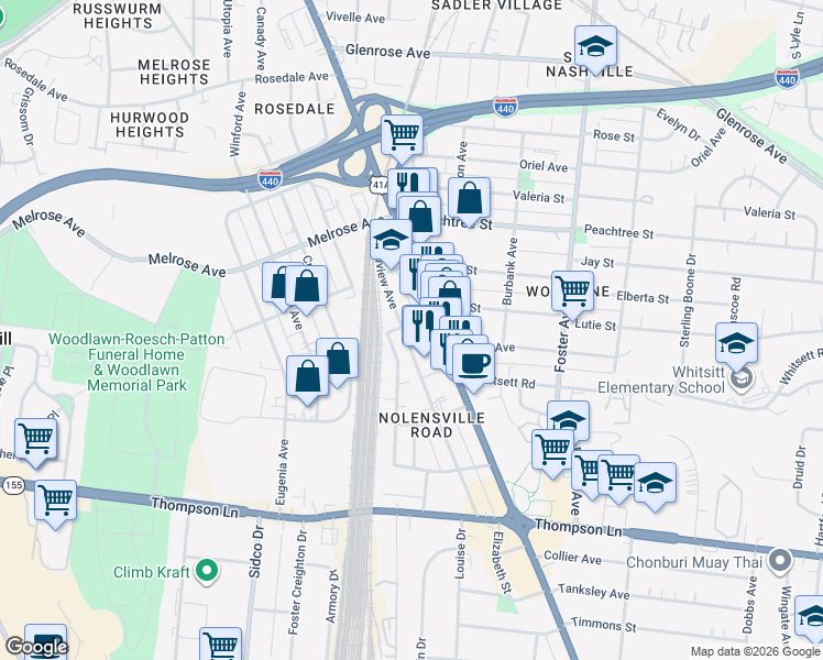 map of restaurants, bars, coffee shops, grocery stores, and more near 2600 Grandview Avenue in Nashville