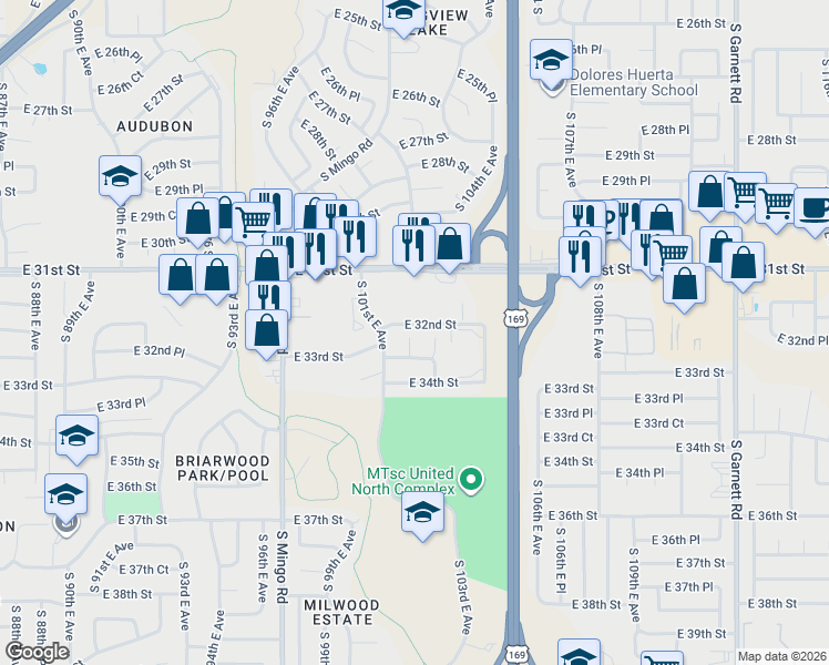 map of restaurants, bars, coffee shops, grocery stores, and more near 3203 South 101st East Place in Tulsa