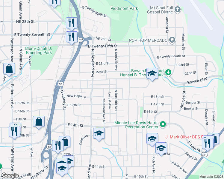 map of restaurants, bars, coffee shops, grocery stores, and more near 1424 Bethlehem Ln in Winston-Salem