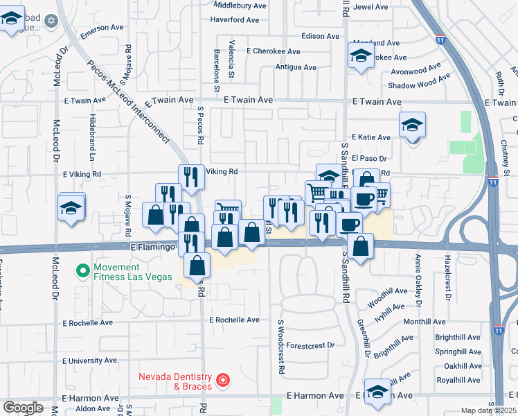 map of restaurants, bars, coffee shops, grocery stores, and more near 3985 South Pearl Street in Las Vegas