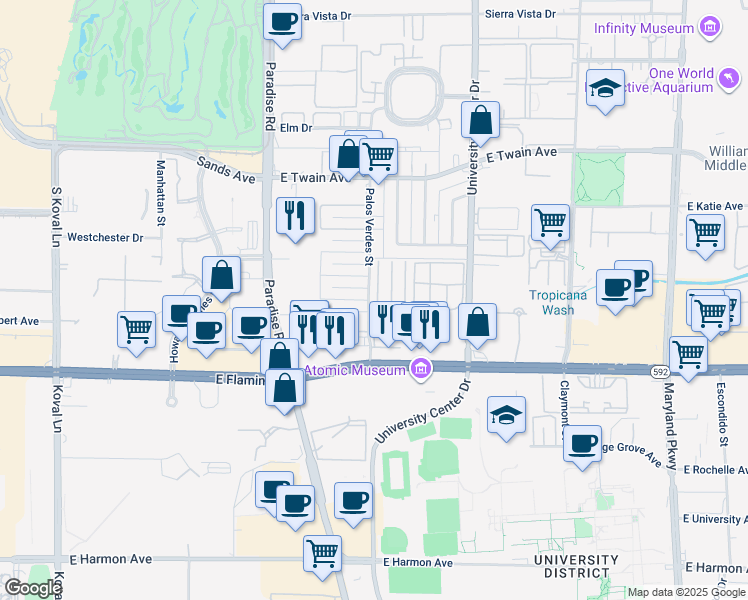 map of restaurants, bars, coffee shops, grocery stores, and more near 3978 Palos Verdes Street in Las Vegas