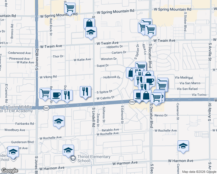 map of restaurants, bars, coffee shops, grocery stores, and more near 3999 South Camas Court in Las Vegas