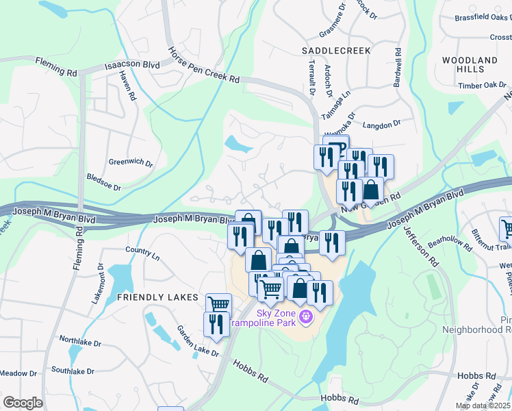 map of restaurants, bars, coffee shops, grocery stores, and more near 4302 Carly's Way in Greensboro