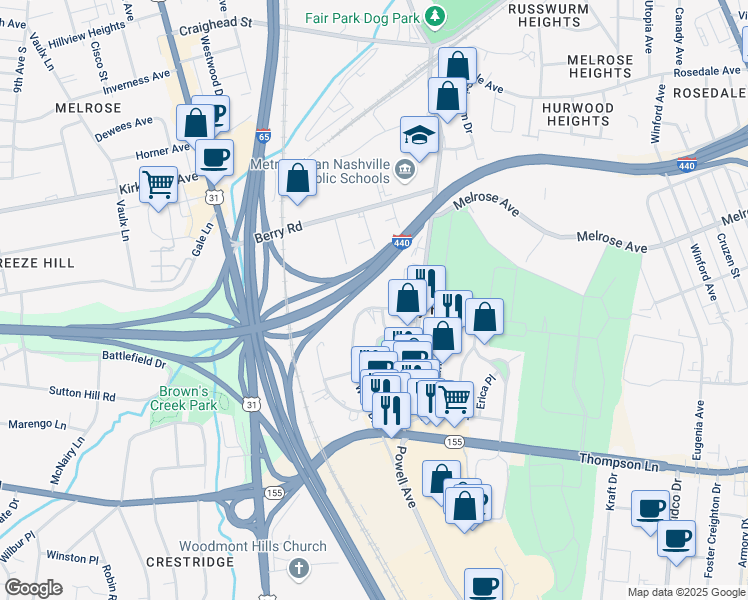 map of restaurants, bars, coffee shops, grocery stores, and more near 618 West Iris Drive in Nashville
