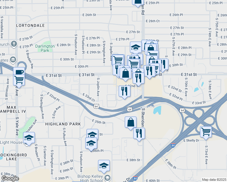 map of restaurants, bars, coffee shops, grocery stores, and more near 3224 South Lakewood Avenue in Tulsa