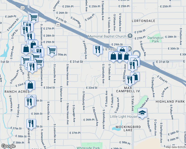 map of restaurants, bars, coffee shops, grocery stores, and more near 4134 East 31st Street in Tulsa