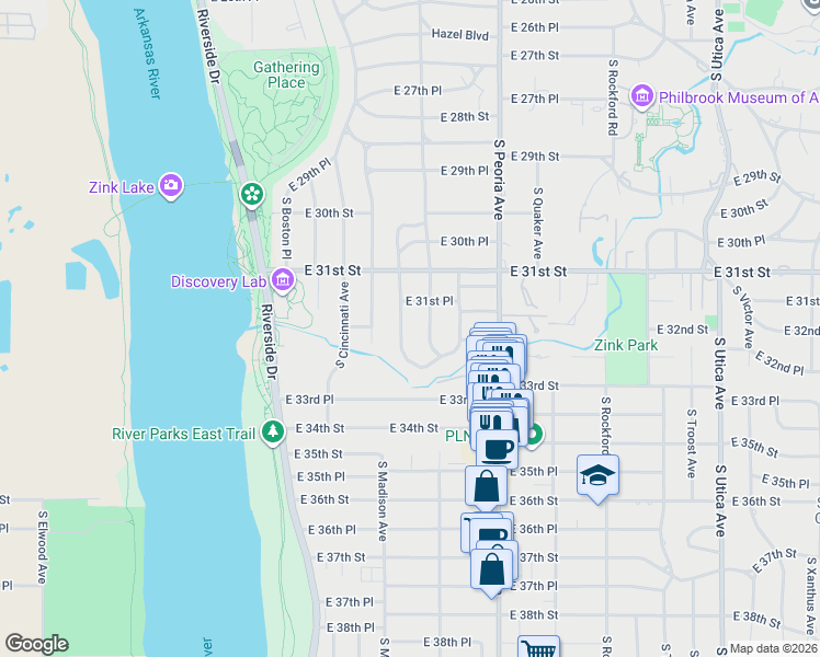 map of restaurants, bars, coffee shops, grocery stores, and more near 3158 South Woodward Boulevard in Tulsa