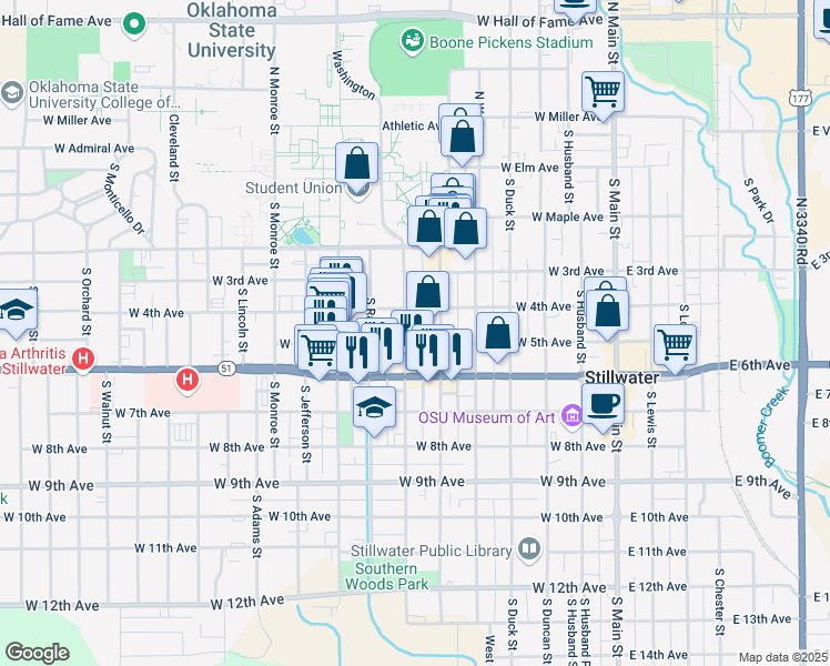 map of restaurants, bars, coffee shops, grocery stores, and more near 419 South Hester Street in Stillwater
