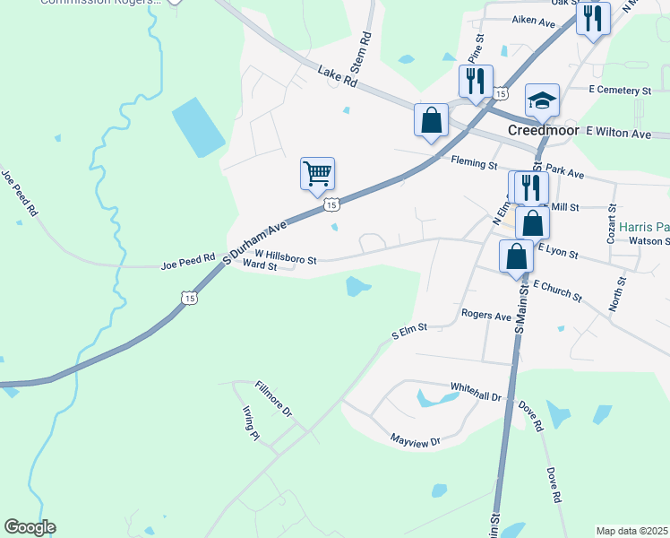 map of restaurants, bars, coffee shops, grocery stores, and more near 413 West Hillsboro Street in Creedmoor