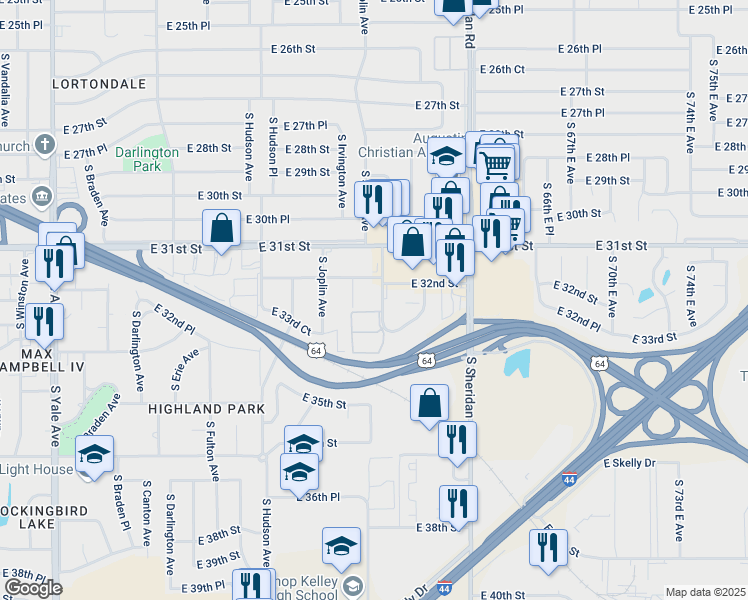 map of restaurants, bars, coffee shops, grocery stores, and more near 3224 South Lakewood Avenue in Tulsa