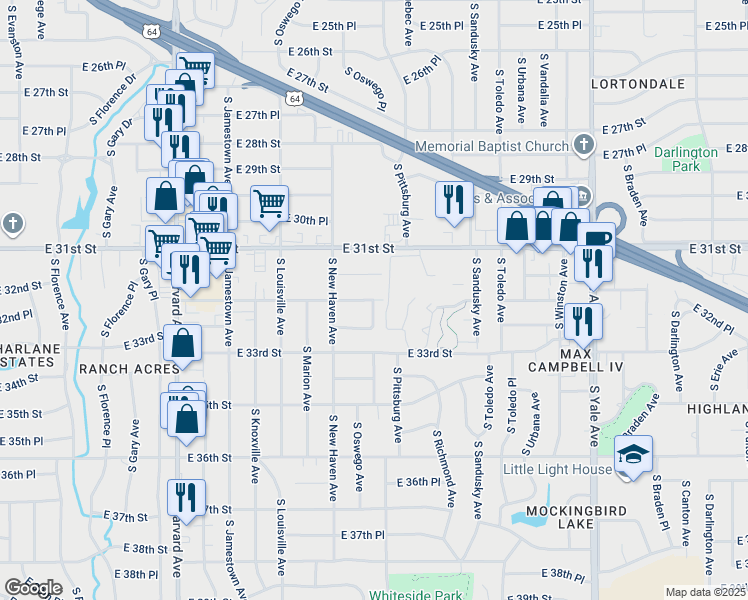 map of restaurants, bars, coffee shops, grocery stores, and more near 4022 East 32nd Street in Tulsa