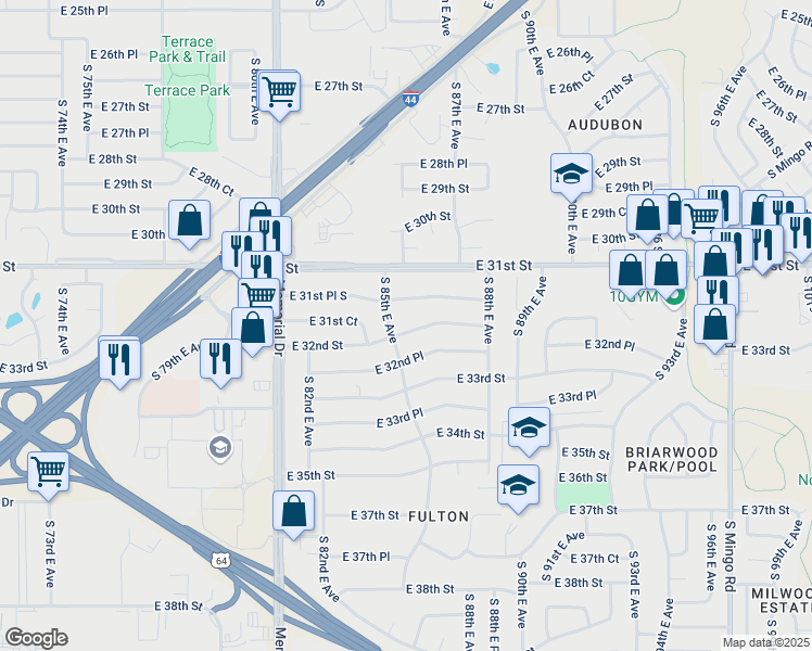 map of restaurants, bars, coffee shops, grocery stores, and more near 8513 East 32nd Street in Tulsa