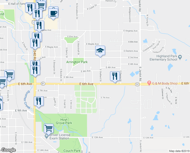 map of restaurants, bars, coffee shops, grocery stores, and more near 513 South Hafner Street in Stillwater