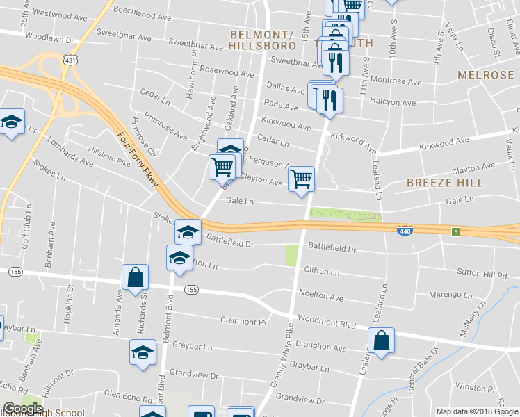 map of restaurants, bars, coffee shops, grocery stores, and more near 1415 Gale Lane in Nashville