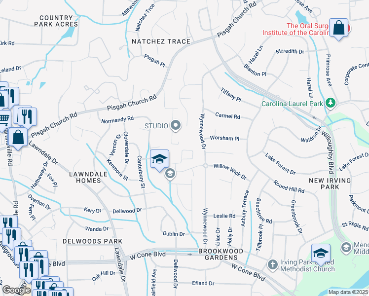 map of restaurants, bars, coffee shops, grocery stores, and more near 28 Willett Way in Greensboro