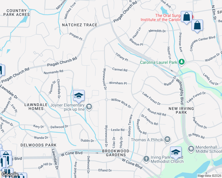 map of restaurants, bars, coffee shops, grocery stores, and more near 14 Wynnewood Ct in Greensboro