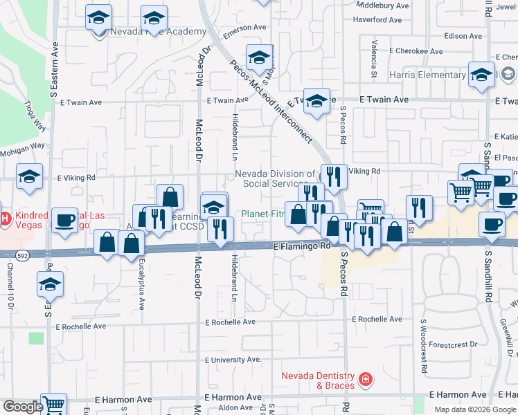 map of restaurants, bars, coffee shops, grocery stores, and more near 3982 Mojado Court in Las Vegas