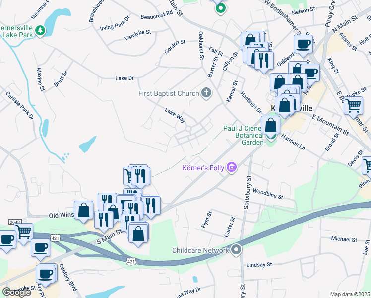 map of restaurants, bars, coffee shops, grocery stores, and more near 406 McConnell Landing in Kernersville