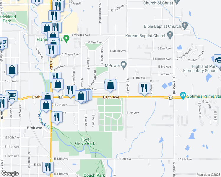 map of restaurants, bars, coffee shops, grocery stores, and more near 423 South Doty Street in Stillwater