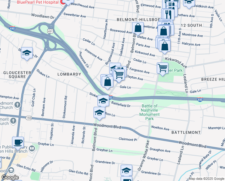 map of restaurants, bars, coffee shops, grocery stores, and more near Belmont Boulevard in Nashville