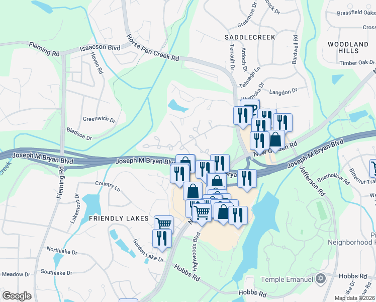 map of restaurants, bars, coffee shops, grocery stores, and more near in Greensboro