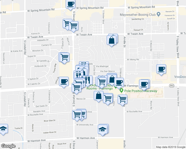 map of restaurants, bars, coffee shops, grocery stores, and more near 4023 Calle Del Sol in Las Vegas