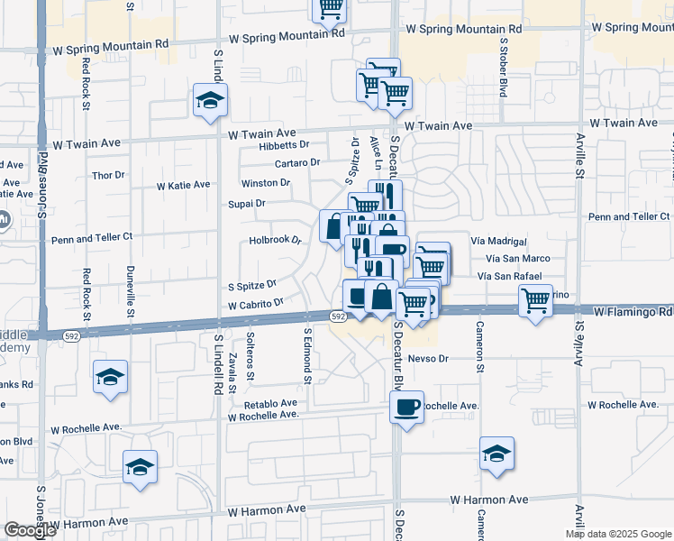 map of restaurants, bars, coffee shops, grocery stores, and more near 3999 Delos Drive in Las Vegas
