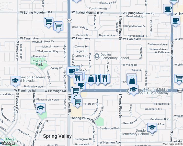 map of restaurants, bars, coffee shops, grocery stores, and more near 3956 Pamplona Street in Las Vegas