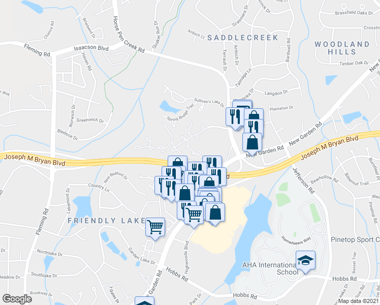 map of restaurants, bars, coffee shops, grocery stores, and more near 2727 North Keswick Way in Greensboro