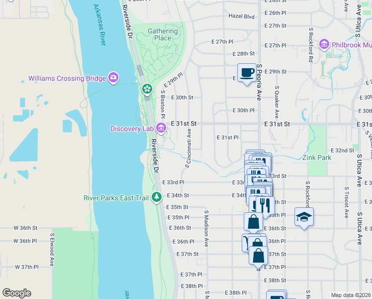 map of restaurants, bars, coffee shops, grocery stores, and more near 3152 South Cincinnati Avenue in Tulsa