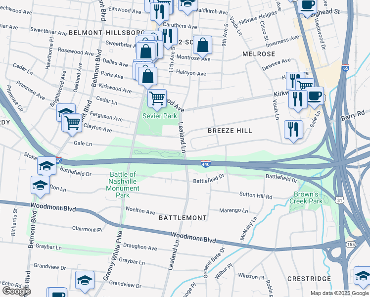 map of restaurants, bars, coffee shops, grocery stores, and more near 3112a Lealand Lane in Nashville