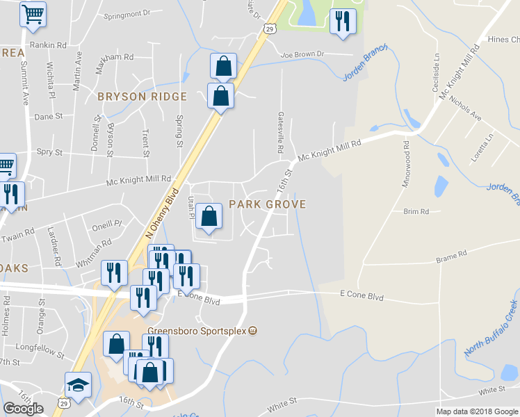 map of restaurants, bars, coffee shops, grocery stores, and more near 2111 Joseph McNeil Avenue in Greensboro