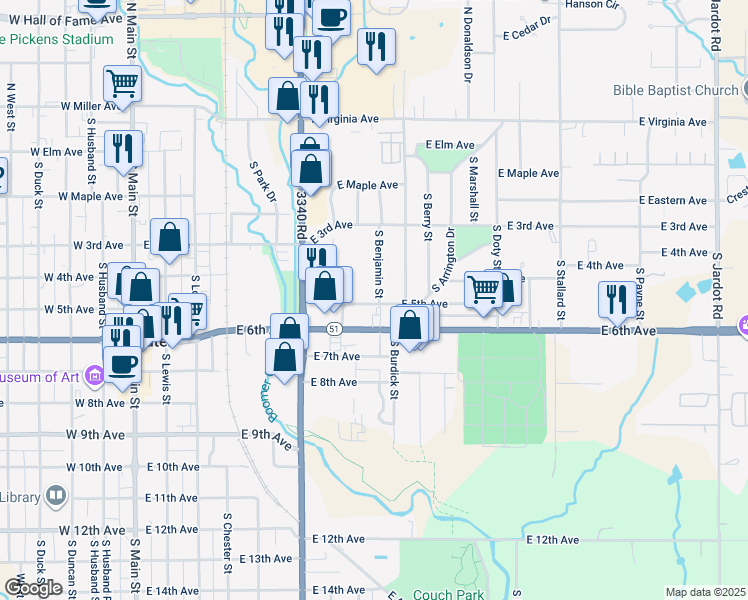 map of restaurants, bars, coffee shops, grocery stores, and more near 424 South Benjamin Street in Stillwater