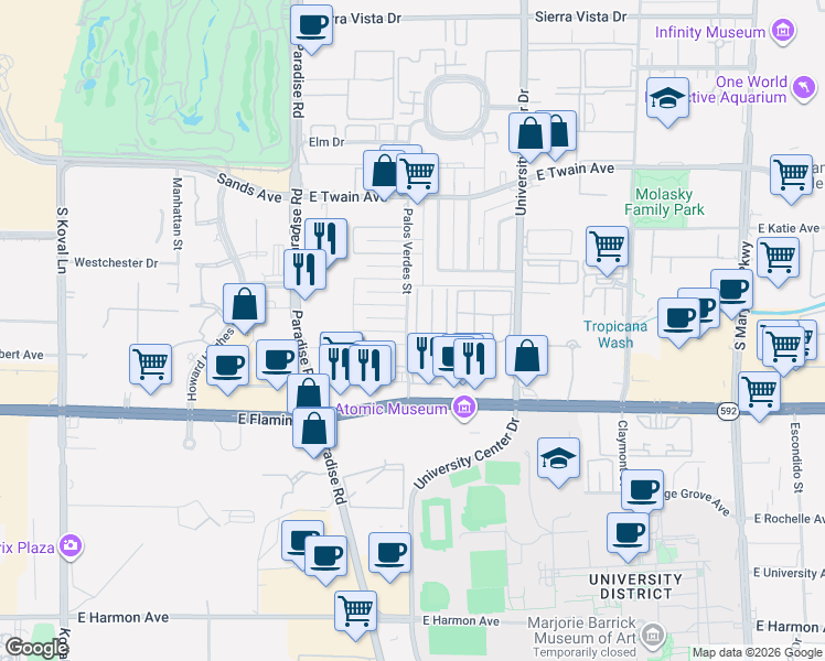 map of restaurants, bars, coffee shops, grocery stores, and more near 3978 Palos Verdes Street in Las Vegas