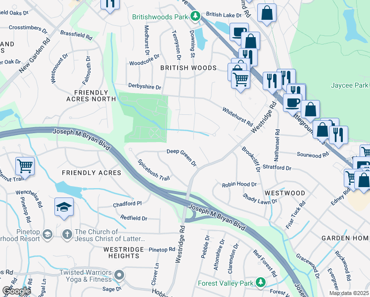 map of restaurants, bars, coffee shops, grocery stores, and more near 3412 Deep Green Drive in Greensboro