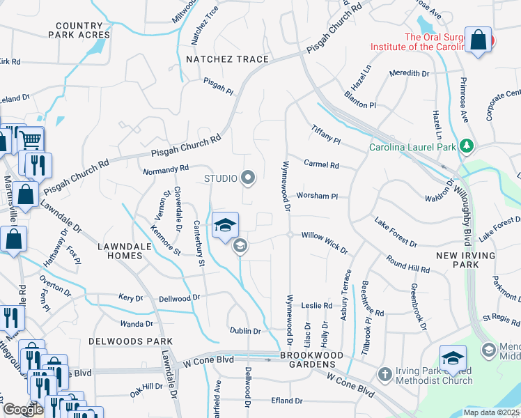map of restaurants, bars, coffee shops, grocery stores, and more near 28 Willett Way in Greensboro