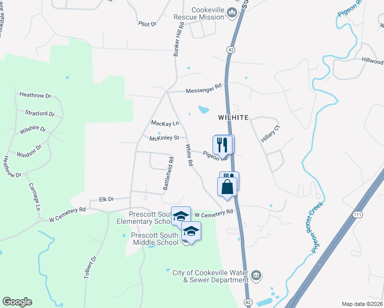 map of restaurants, bars, coffee shops, grocery stores, and more near 1652 White Road in Cookeville