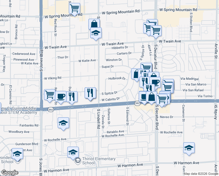 map of restaurants, bars, coffee shops, grocery stores, and more near 3999 South Camas Court in Las Vegas