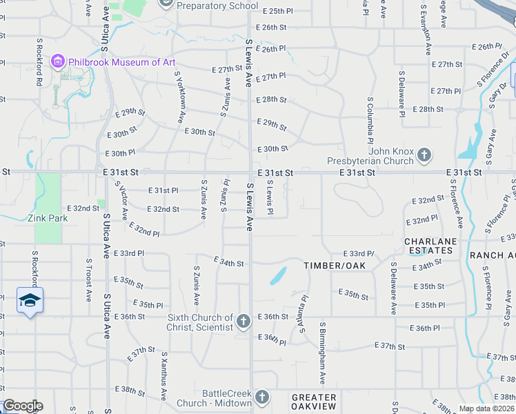 map of restaurants, bars, coffee shops, grocery stores, and more near 3141 South Lewis Avenue in Tulsa