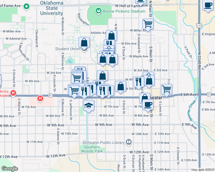 map of restaurants, bars, coffee shops, grocery stores, and more near 417 South Knoblock Street in Stillwater