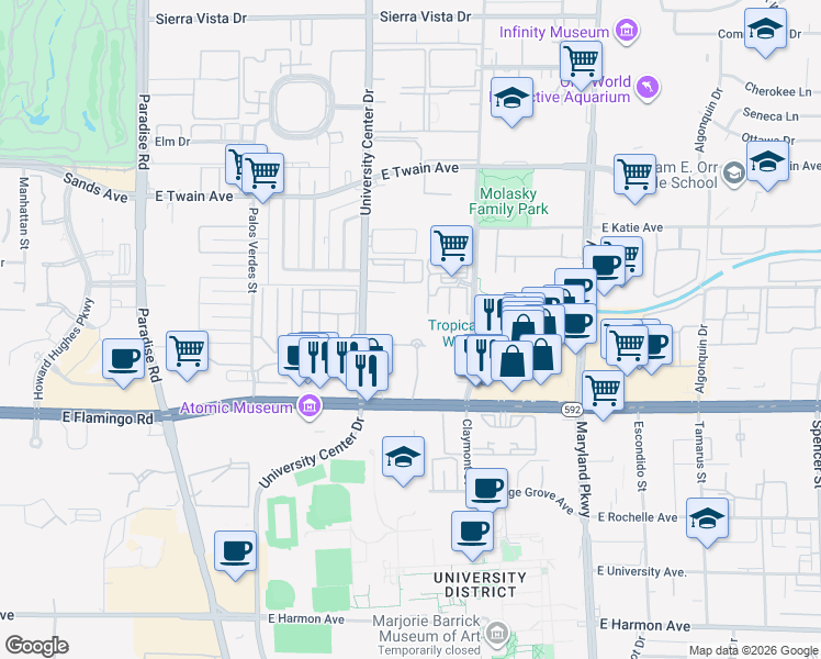 map of restaurants, bars, coffee shops, grocery stores, and more near Unnamed Road in Las Vegas