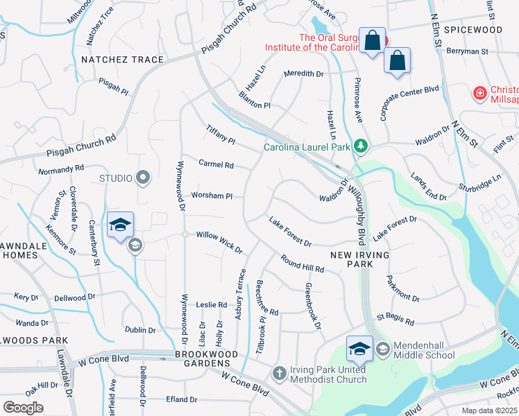 map of restaurants, bars, coffee shops, grocery stores, and more near 3301 Waldron Drive in Greensboro