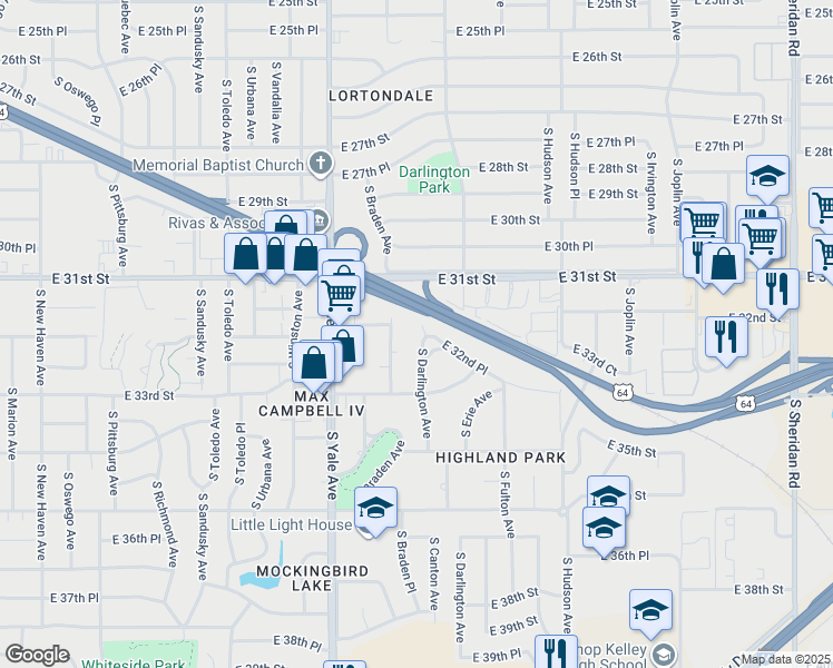 map of restaurants, bars, coffee shops, grocery stores, and more near 3206 South Darlington Avenue in Tulsa