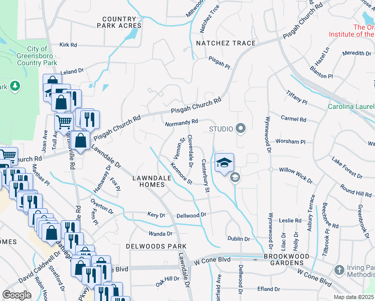 map of restaurants, bars, coffee shops, grocery stores, and more near 3413 Cloverdale Drive in Greensboro