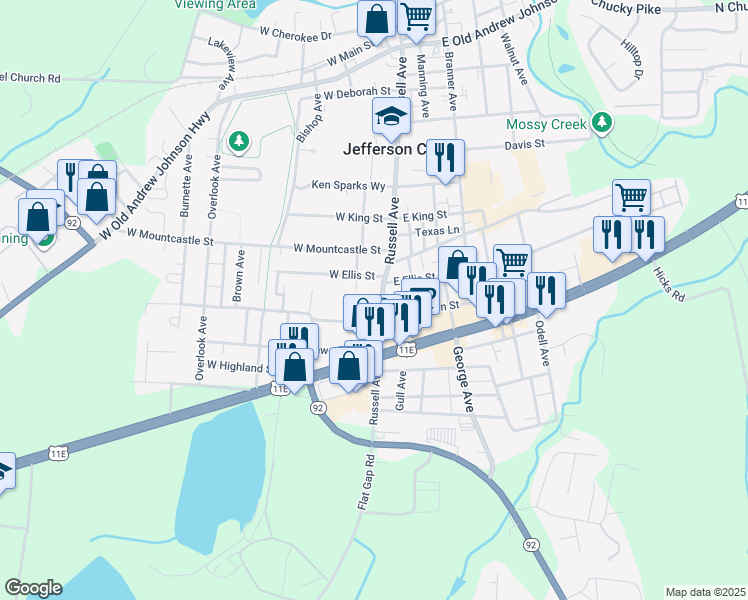 map of restaurants, bars, coffee shops, grocery stores, and more near 1427 Russell Avenue in Jefferson City