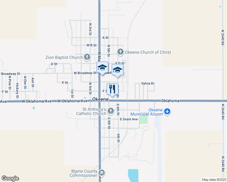 map of restaurants, bars, coffee shops, grocery stores, and more near 207 F Street in Okeene