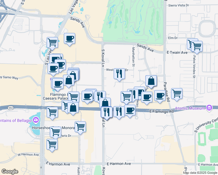 map of restaurants, bars, coffee shops, grocery stores, and more near 210 East Flamingo Road in Las Vegas