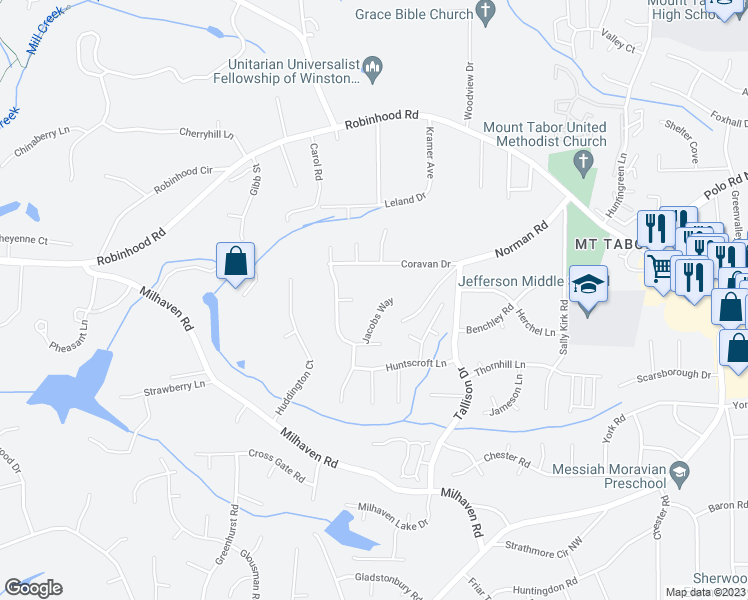 map of restaurants, bars, coffee shops, grocery stores, and more near 5271 Jacobs Way in Winston-Salem