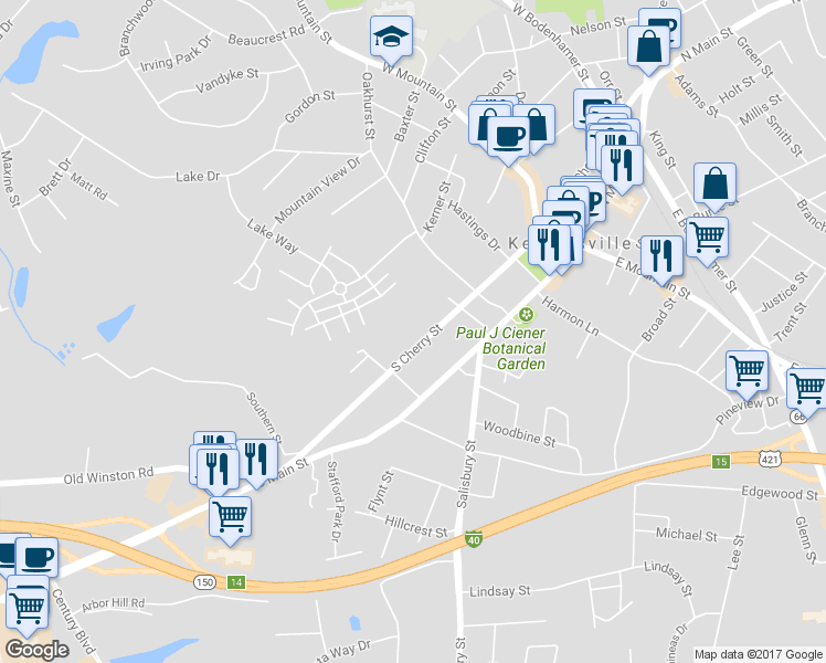 map of restaurants, bars, coffee shops, grocery stores, and more near 352 South Cherry Street in Kernersville